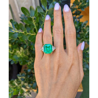 12.16 Ct. Emerald and Natural Diamond Three Stone Ring, 18K White & Yellow Life Style