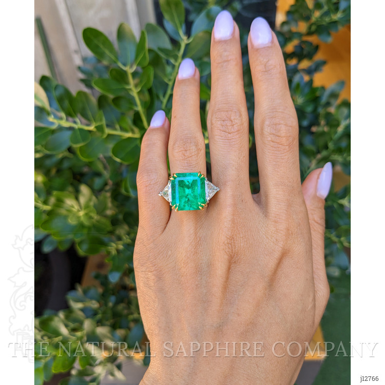 12.16 Ct. Emerald and Natural Diamond Three Stone Ring, 18K White & Yellow
