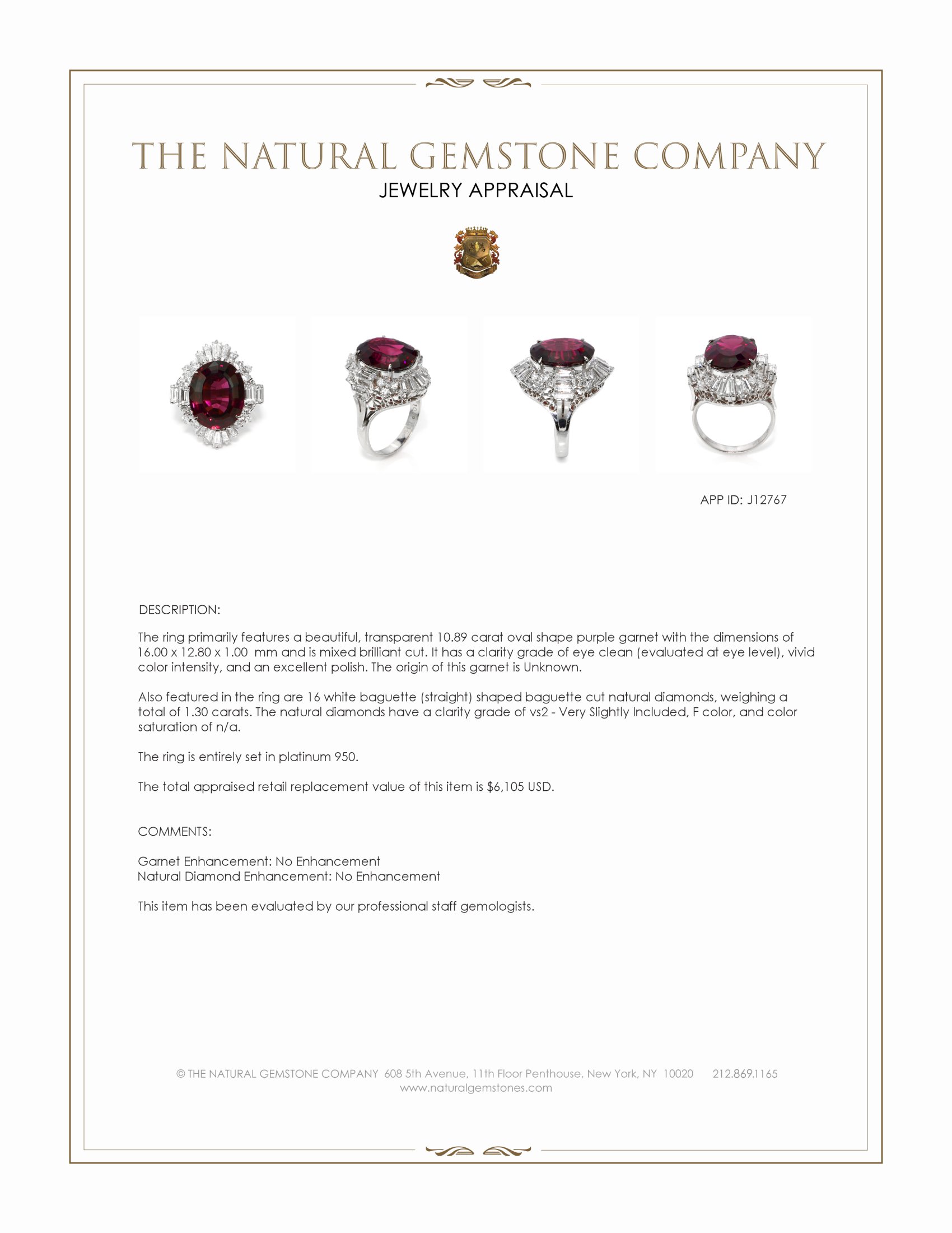 10.89 Ct. Purple Garnet and Natural Diamond Accent Stones Ring, Platinum 950