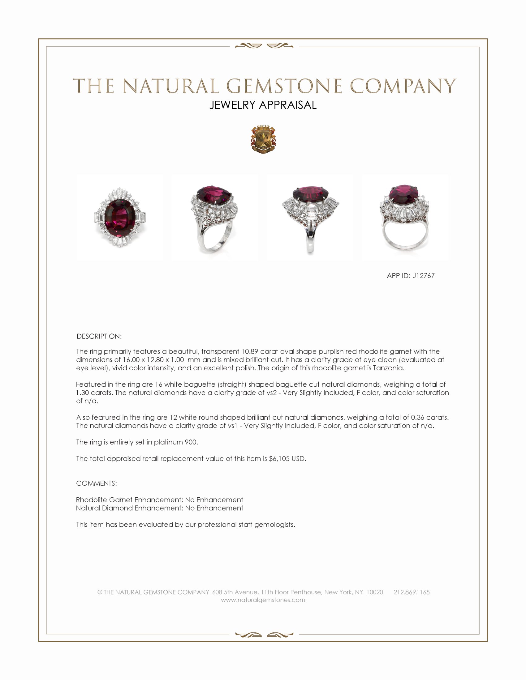 10.89 Ct. Purplish Red Rhodolite Garnet and Natural Diamond Antique Style Ring, Platinum 900