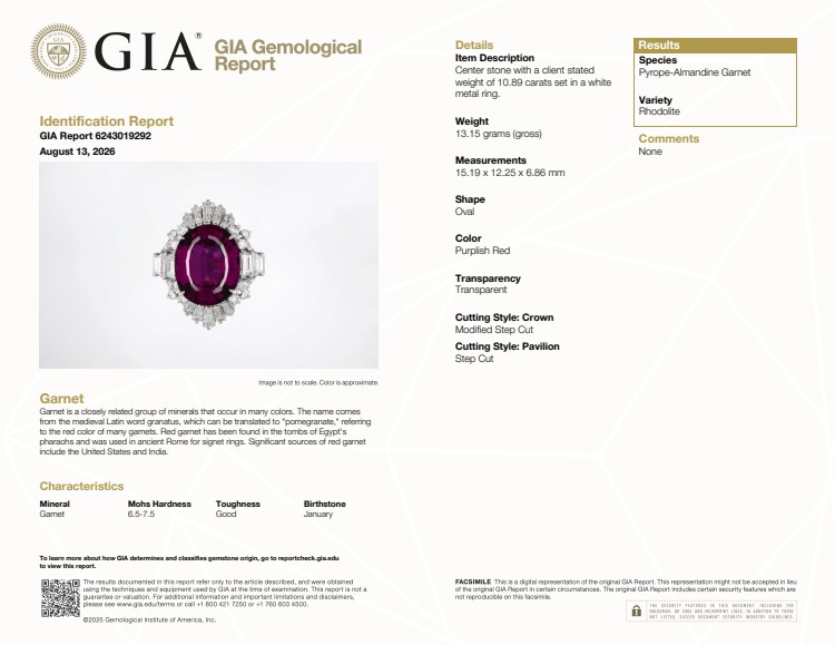 10.89 Ct. Purplish Red Rhodolite Garnet and Natural Diamond Antique Style Ring, Platinum 900