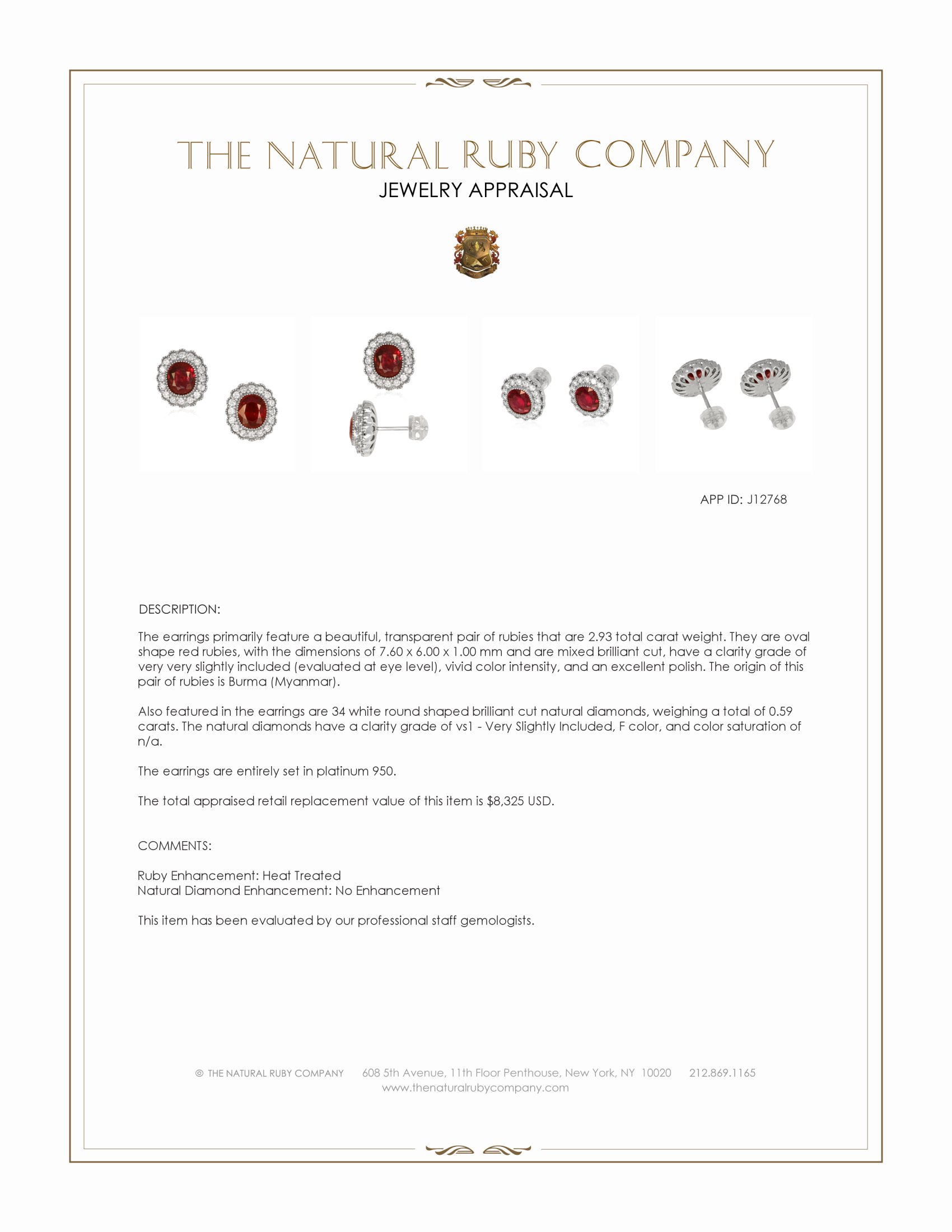 2.93 Ct.Tw. Ruby and Natural Diamond Studs Earrings, Platinum 950