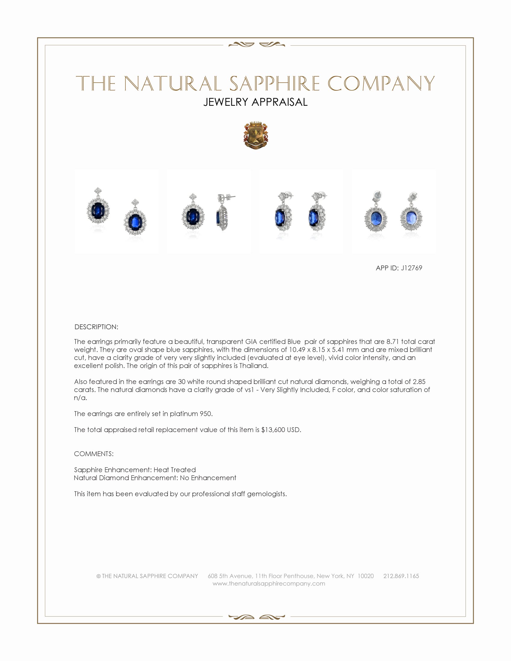 8.71 Ct.Tw. Blue Sapphire and Natural Diamond Accent Stones Earrings, Platinum 950