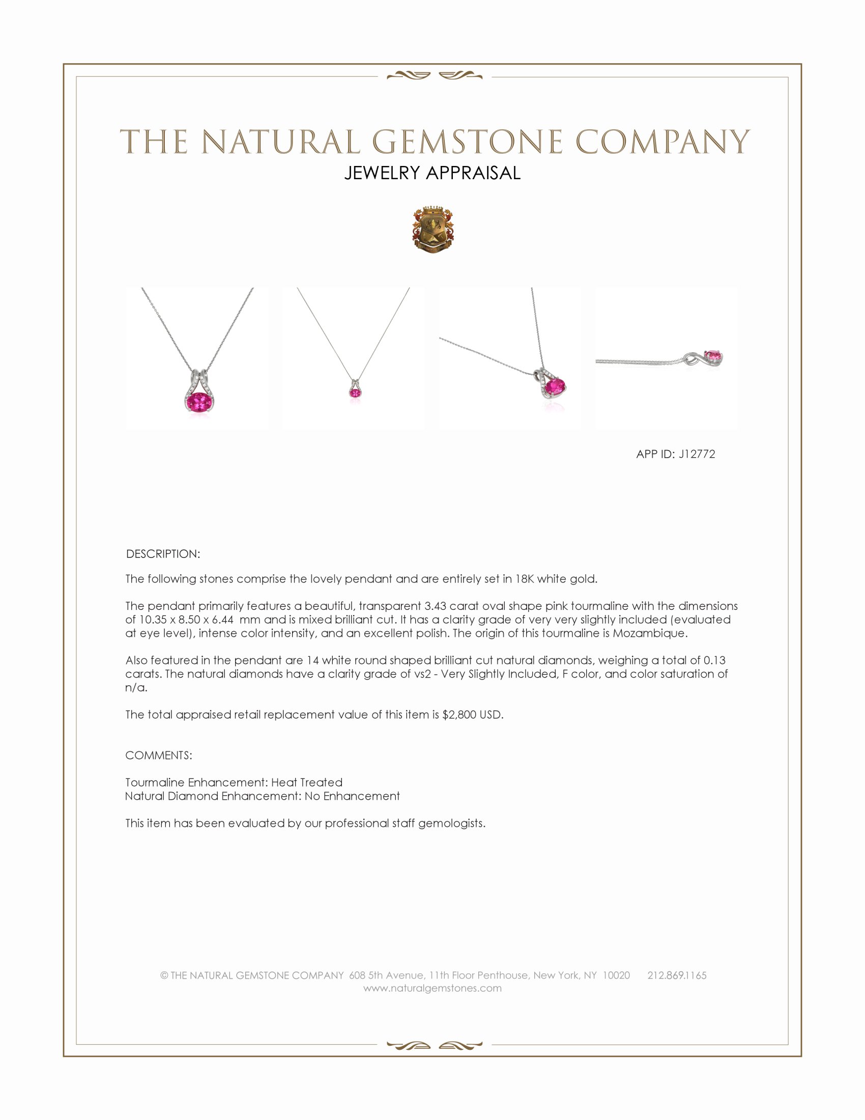 3.43 Ct. Pink Tourmaline and Natural Diamond Accent Stones Pendant, 18K White Gold