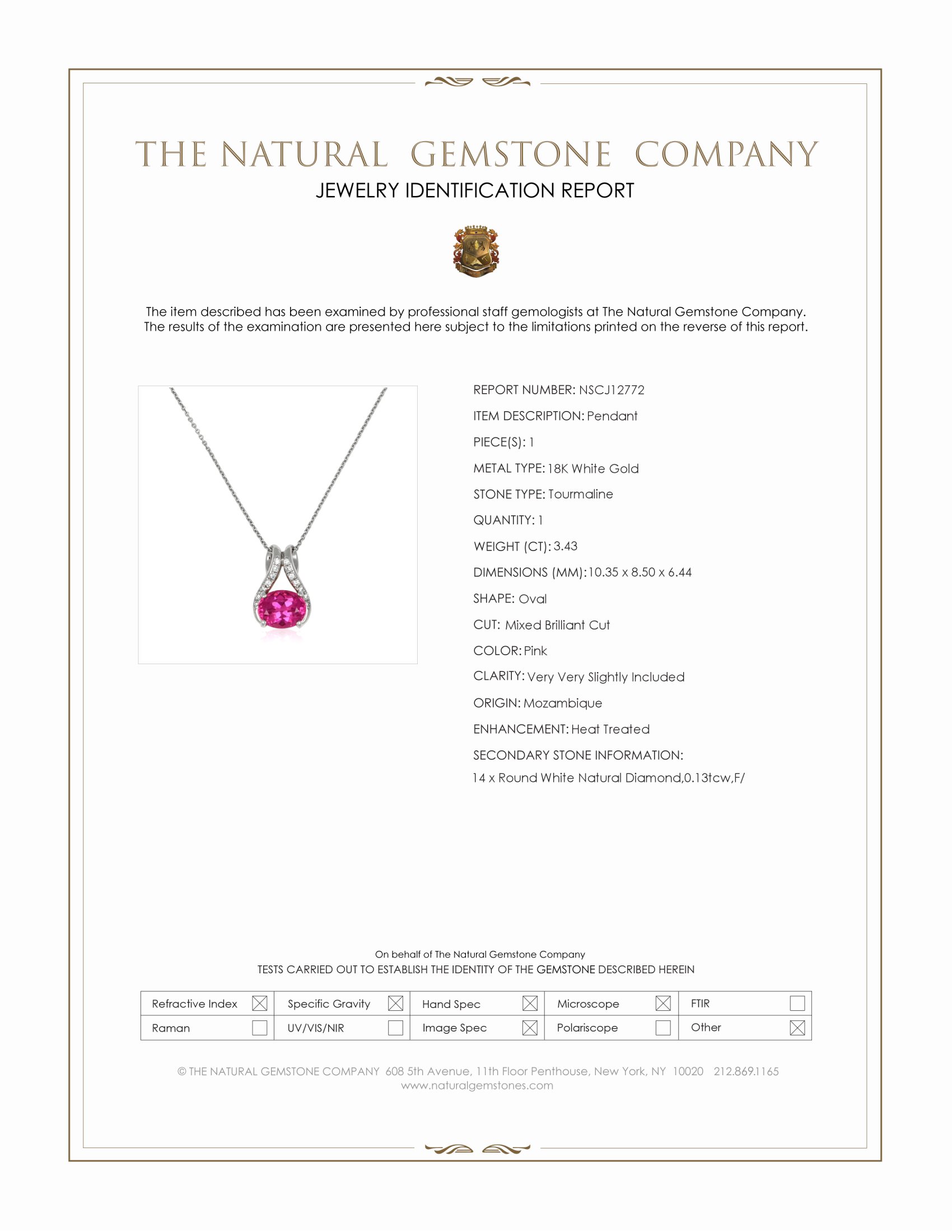 3.43 Ct. Pink Tourmaline and Natural Diamond Accent Stones Pendant, 18K White Gold