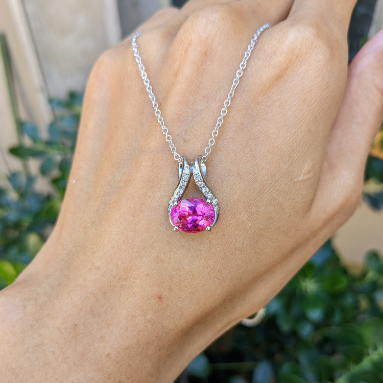 3.43 Ct. Pink Tourmaline and Natural Diamond Accent Stones Pendant, 18K White Gold