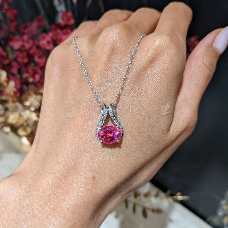 3.43 Ct. Pink Tourmaline and Natural Diamond Accent Stones Pendant, 18K White Gold