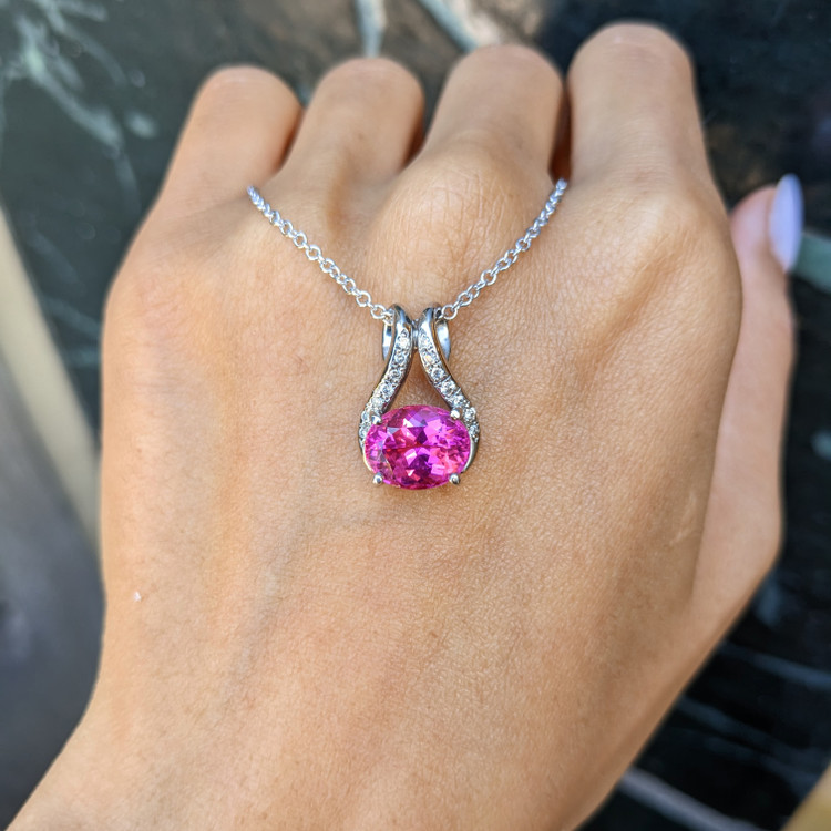 3.43 Ct. Pink Tourmaline and Natural Diamond Accent Stones Pendant, 18K White Gold