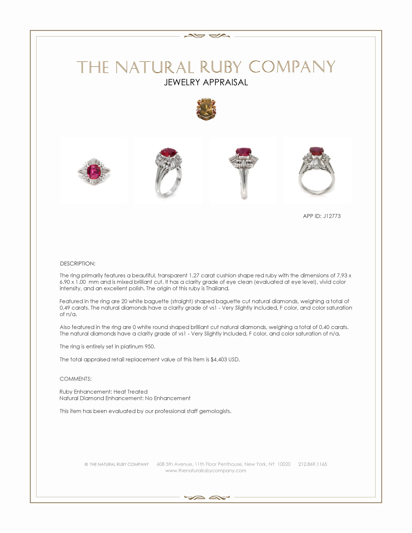 1.27 Ct. Ruby and Natural Diamond Antique Style Ring, Platinum 950