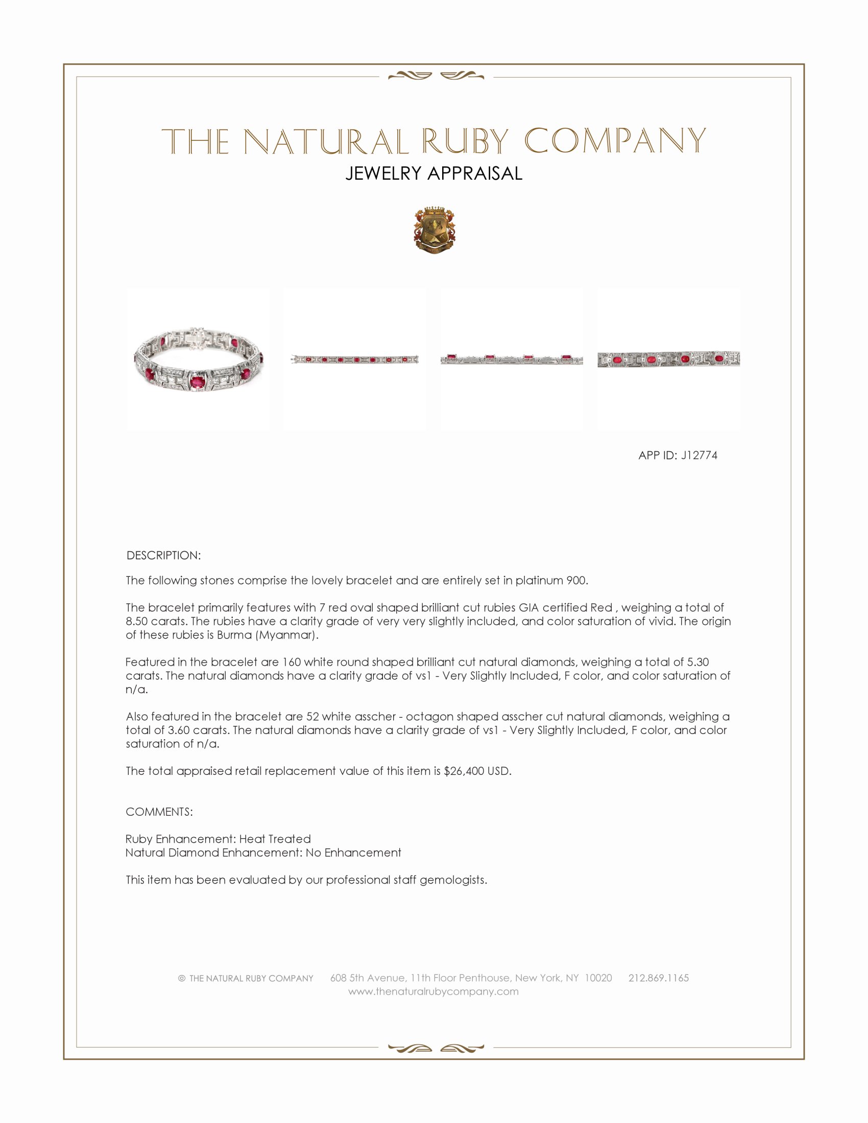 8.50 Ct.Tw. Ruby and Natural Diamond Pave Bracelet, Platinum 900
