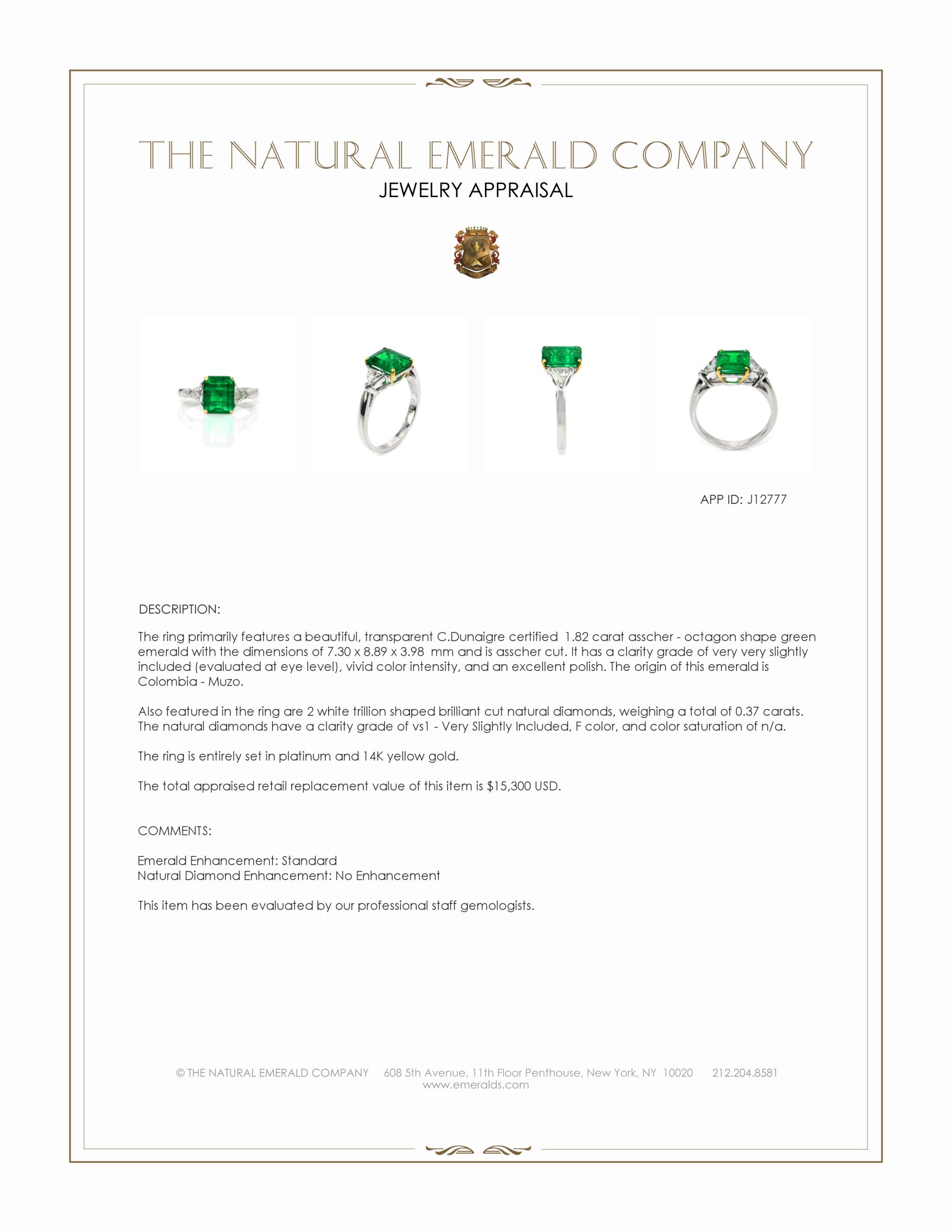 1.82 Ct. Emerald and Natural Diamond Three Stone Ring, Platinum & 14K Yellow