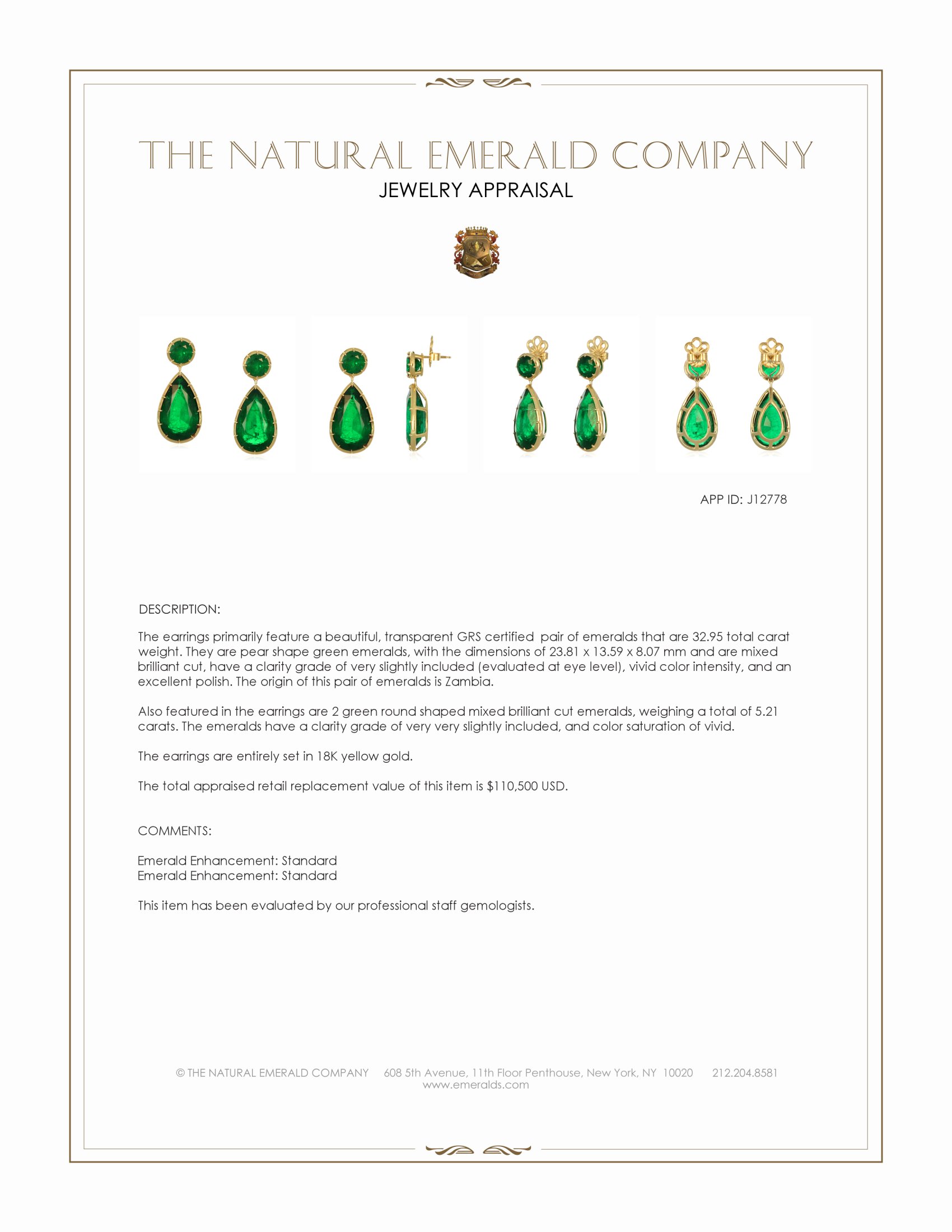 32.95 Ct.Tw. Emerald Drops Earrings, 18K Yellow Gold