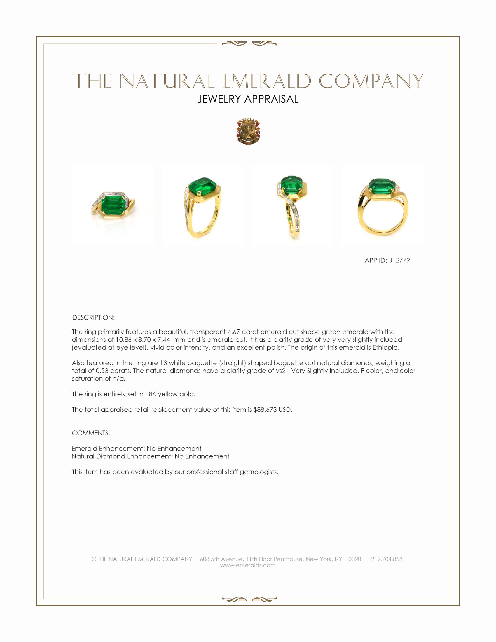 4.67 Ct. Emerald and Natural Diamond Accent Stones Ring, 18K Yellow Gold
