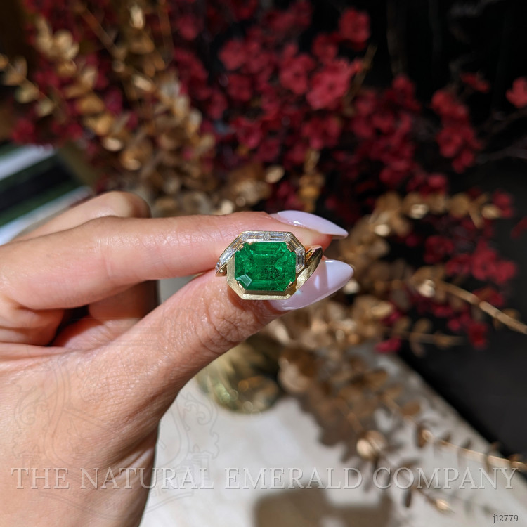 4.67 Ct. Emerald and Natural Diamond Accent Stones Ring, 18K Yellow Gold