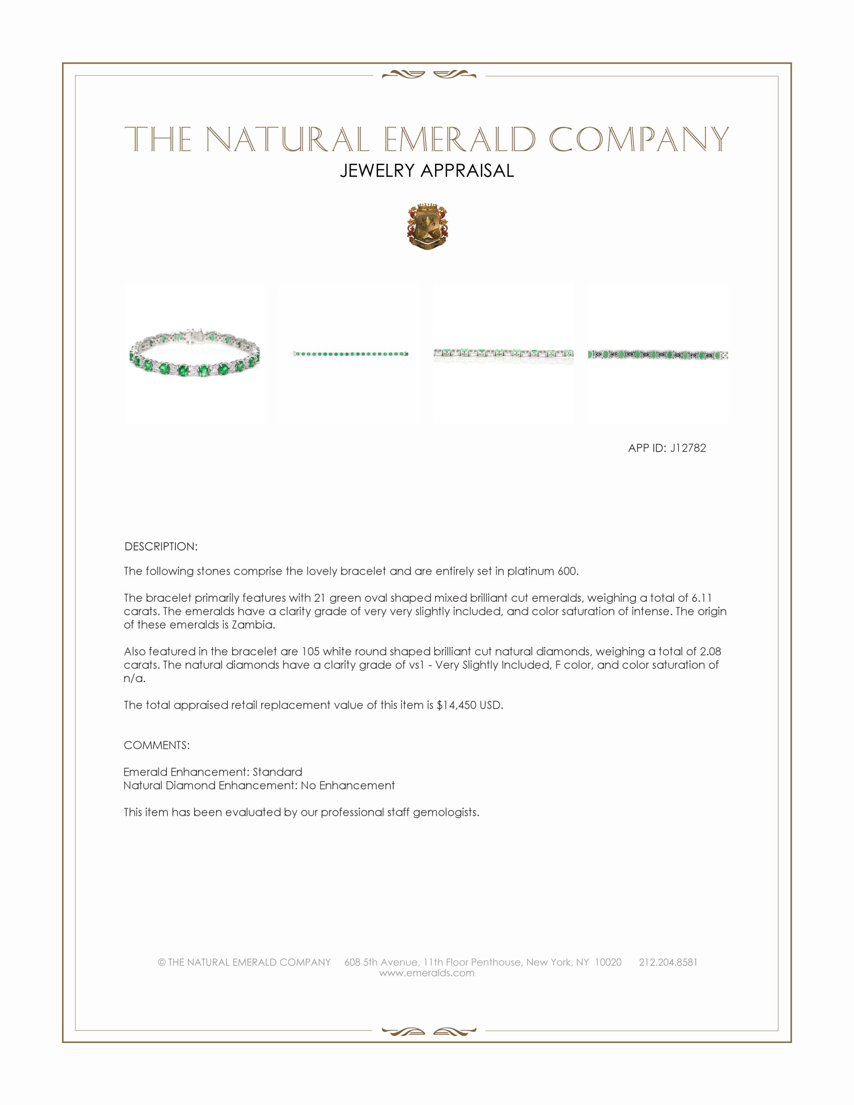 6.11 Ct.Tw. Emerald and Natural Diamond Tennis/Line Bracelet, Platinum 600