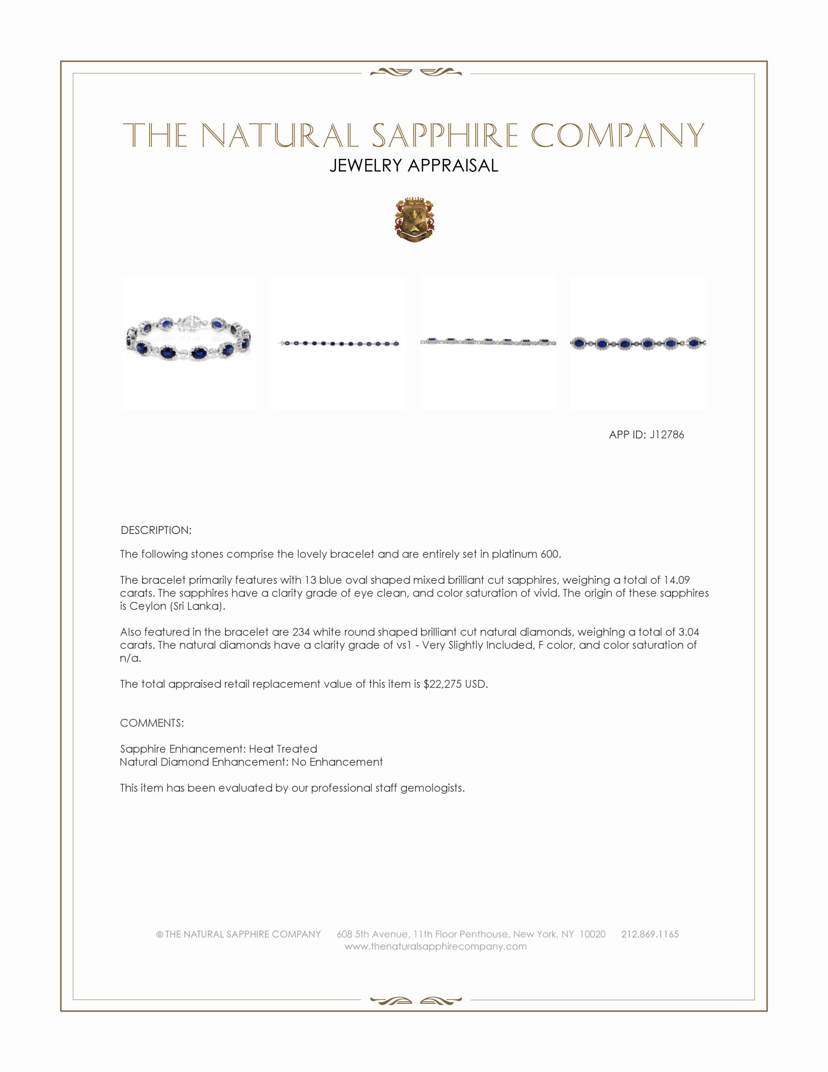 14.09 Ct.Tw. Blue Sapphire and Natural Diamond Tennis/Line Bracelet, Platinum 600