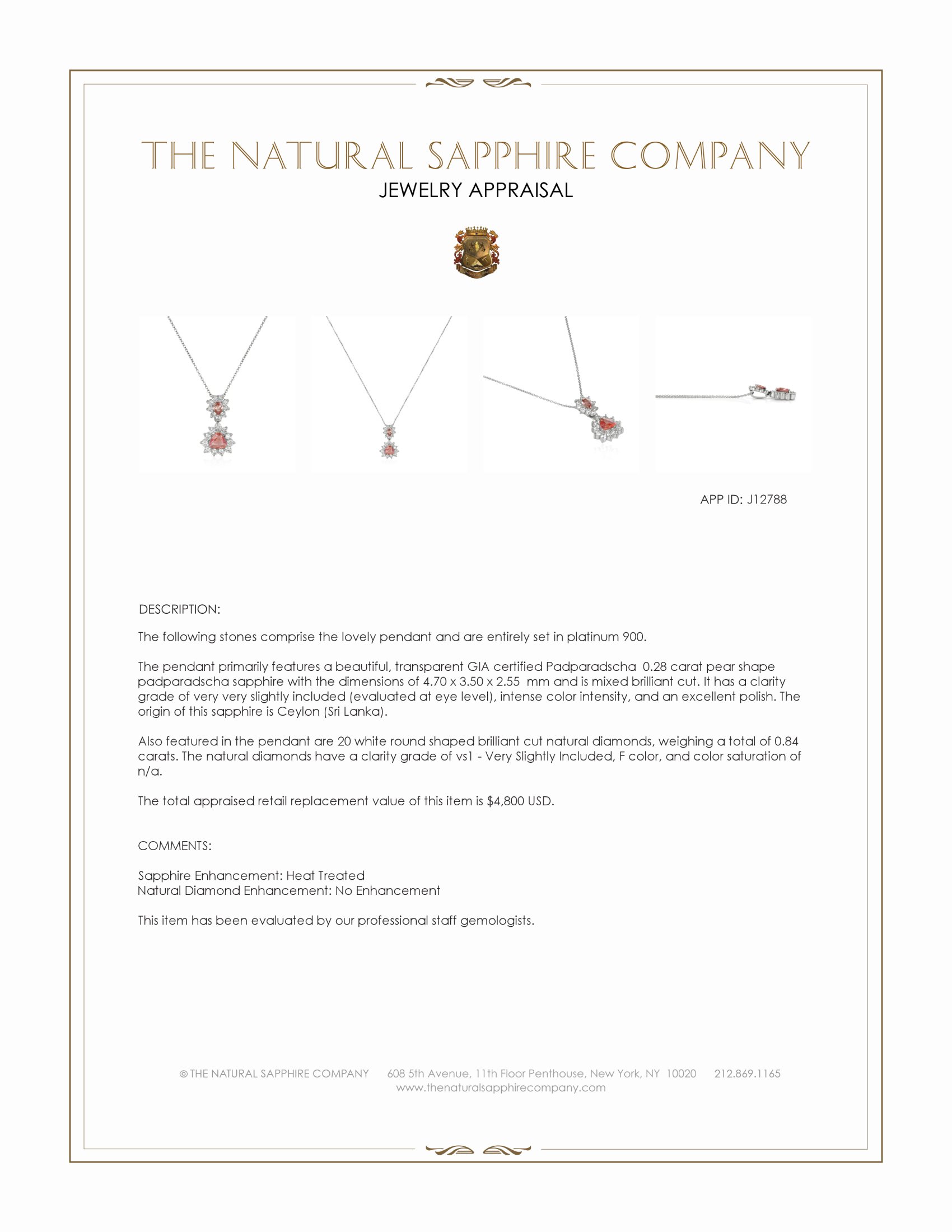 0.87 Ct.Tw. Padparadscha Sapphire and Natural Diamond Pave Pendant, Platinum 900