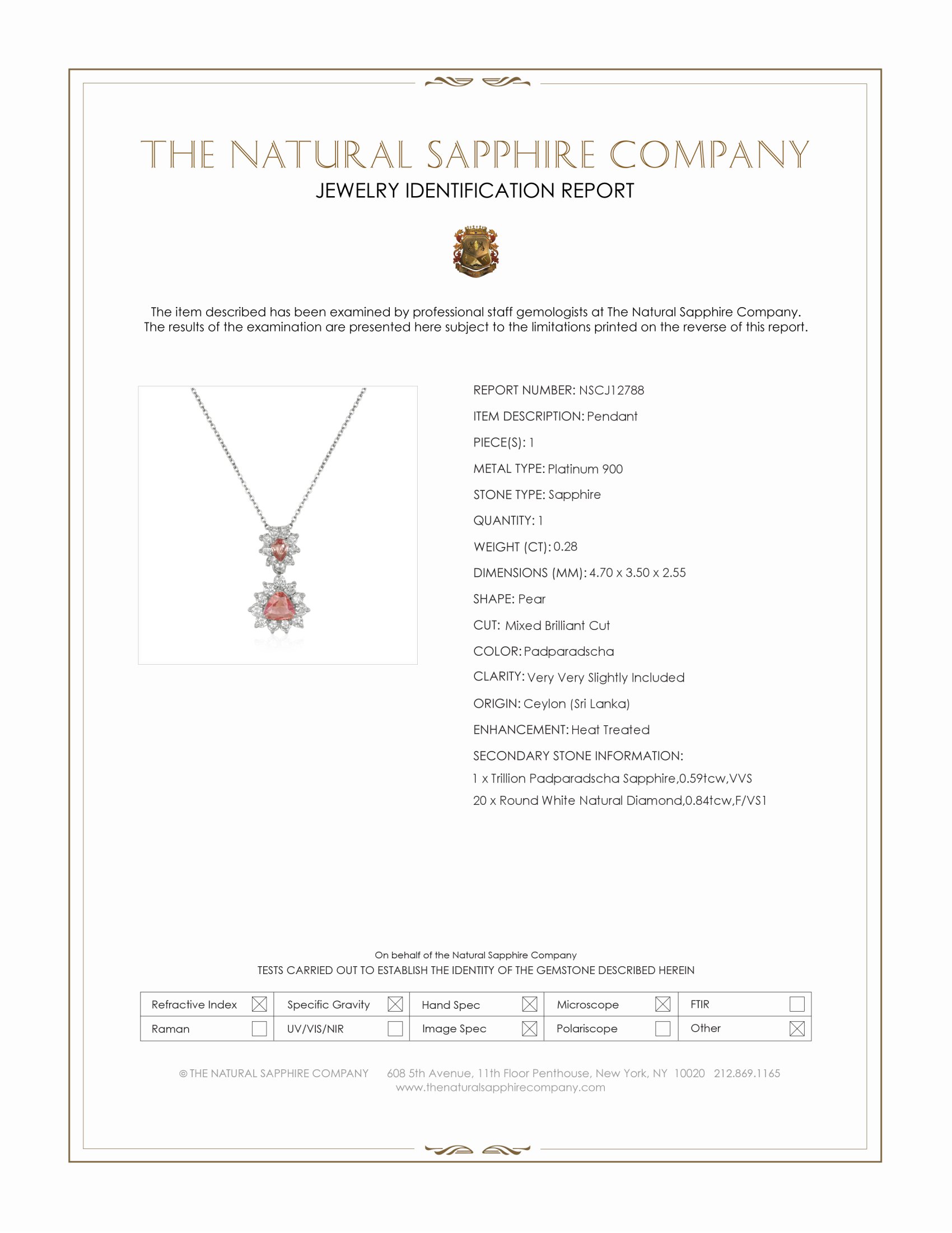 0.87 Ct.Tw. Padparadscha Sapphire and Natural Diamond Pave Pendant, Platinum 900