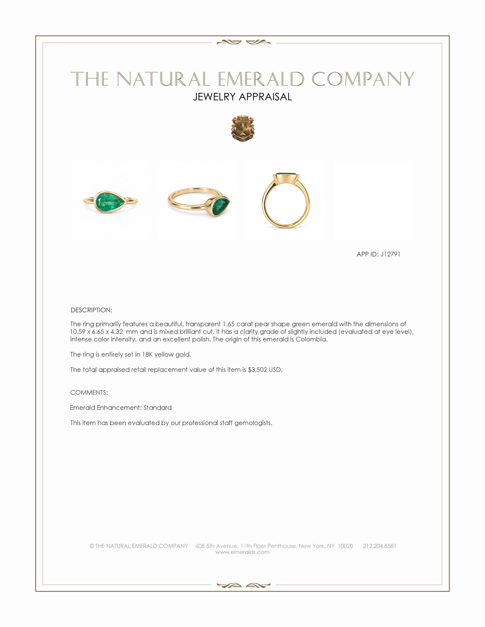 1.65 Ct. Emerald Bezel Ring, 18K Yellow Gold