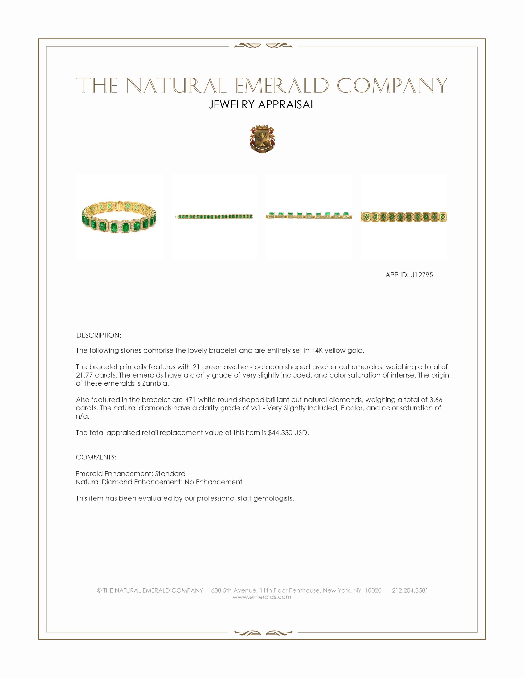 21.77 Ct.Tw. Emerald and Natural Diamond Pave Bracelet, 14K Yellow Gold
