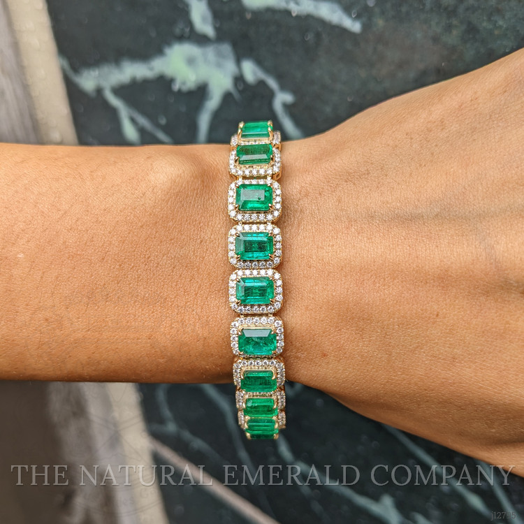 21.77 Ct.Tw. Emerald and Natural Diamond Pave Bracelet, 14K Yellow Gold
