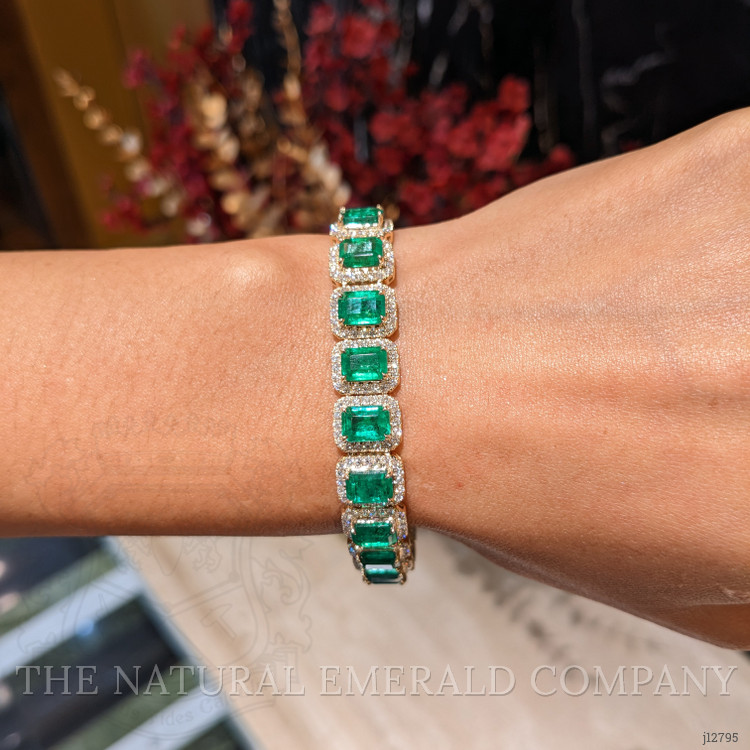 21.77 Ct.Tw. Emerald and Natural Diamond Pave Bracelet, 14K Yellow Gold