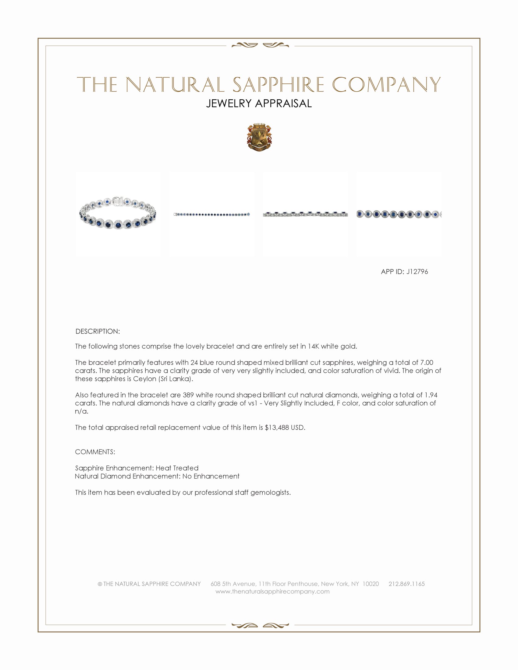 7.00 Ct.Tw. Blue Sapphire and Natural Diamond Accent Stones Bracelet, 14K White Gold
