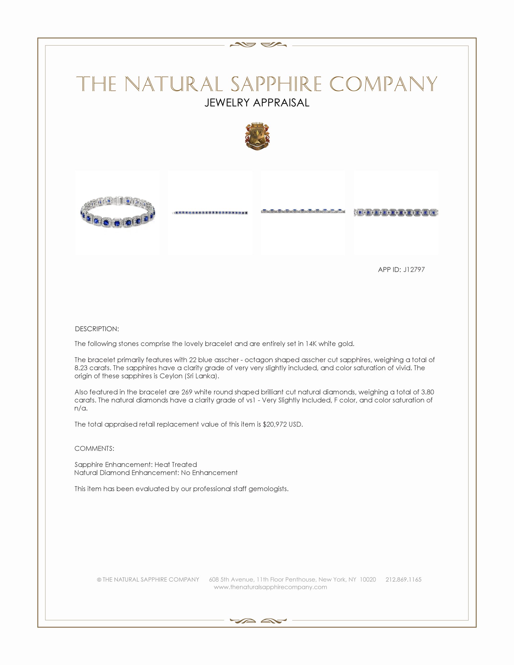 8.23 Ct.Tw. Blue Sapphire and Natural Diamond Tennis/Line Bracelet, 14K White Gold