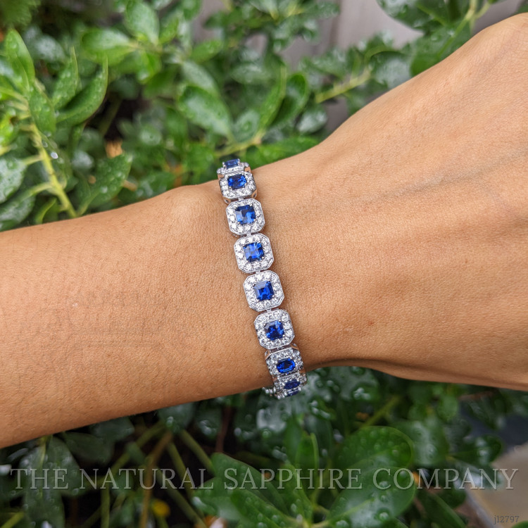 8.23 Ct.Tw. Blue Sapphire and Natural Diamond Tennis/Line Bracelet, 14K White Gold