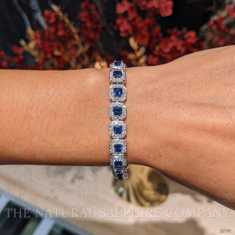 8.23 Ct.Tw. Blue Sapphire and Natural Diamond Tennis/Line Bracelet, 14K White Gold