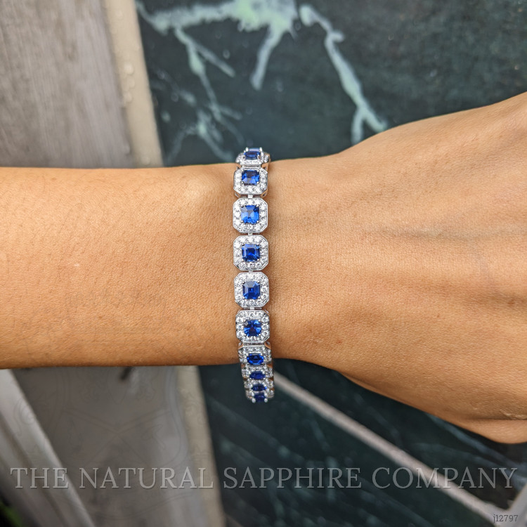 8.23 Ct.Tw. Blue Sapphire and Natural Diamond Tennis/Line Bracelet, 14K White Gold
