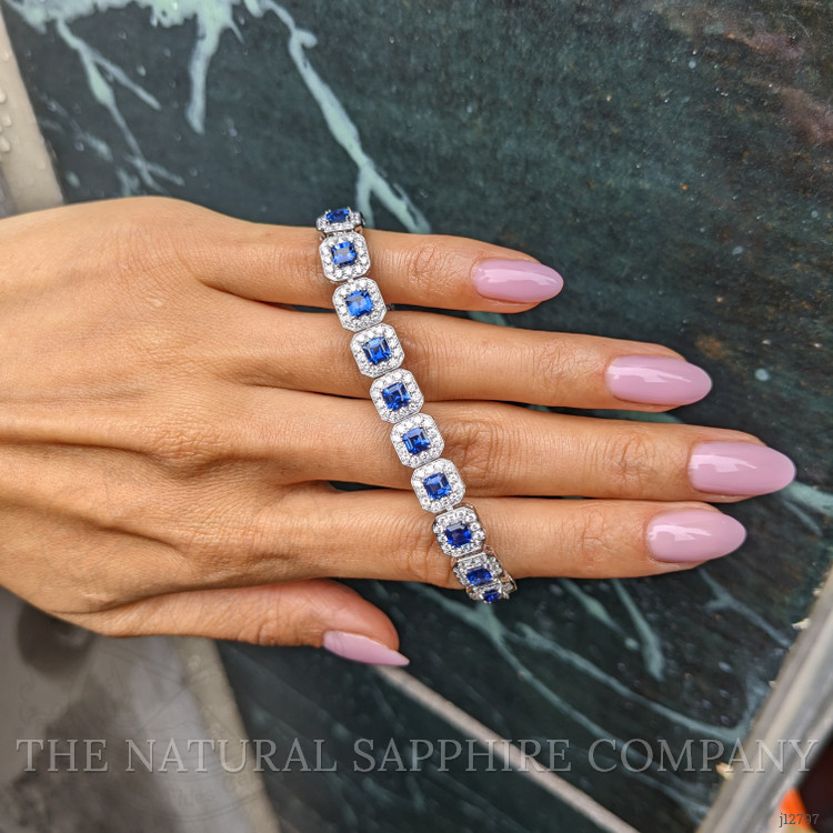 8.23 Ct.Tw. Blue Sapphire and Natural Diamond Tennis/Line Bracelet, 14K White Gold