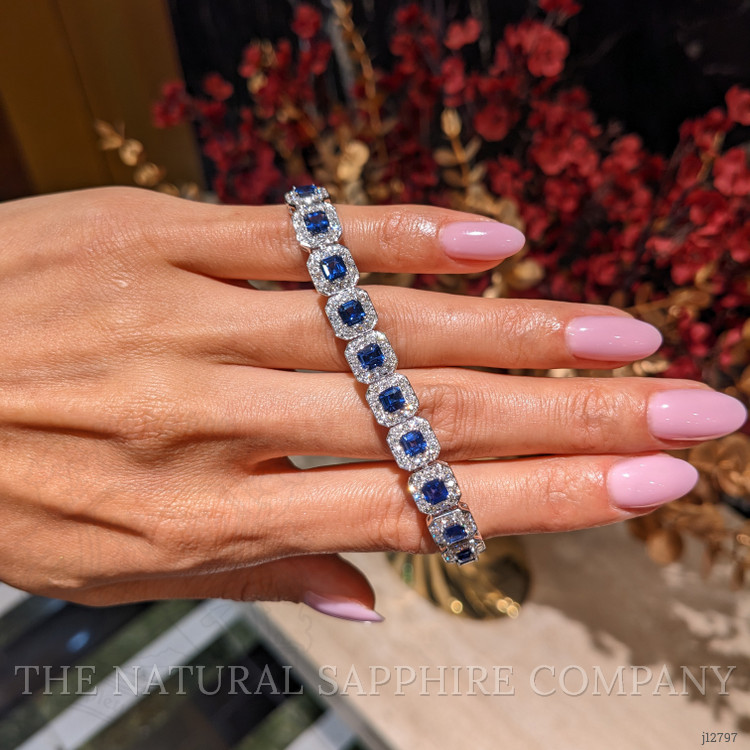8.23 Ct.Tw. Blue Sapphire and Natural Diamond Tennis/Line Bracelet, 14K White Gold