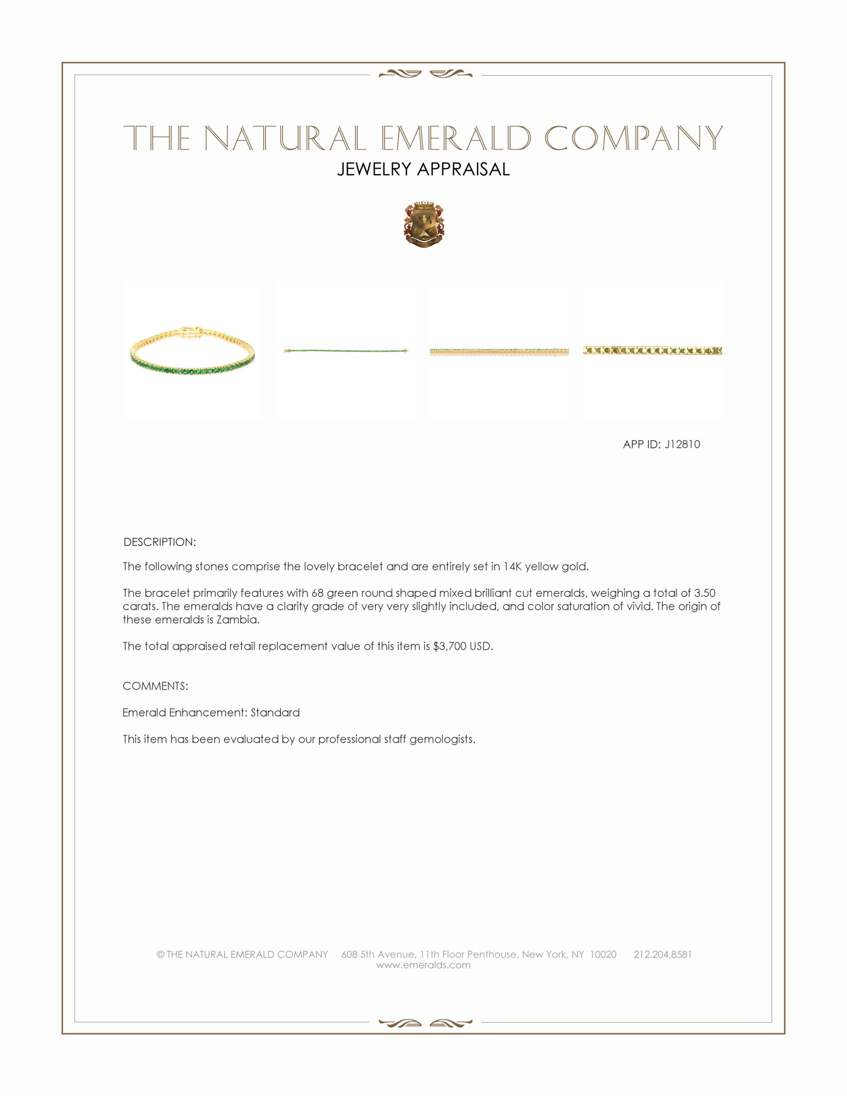 3.50 Ct.Tw. Emerald Tennis/Line Bracelet, 14K Yellow Gold