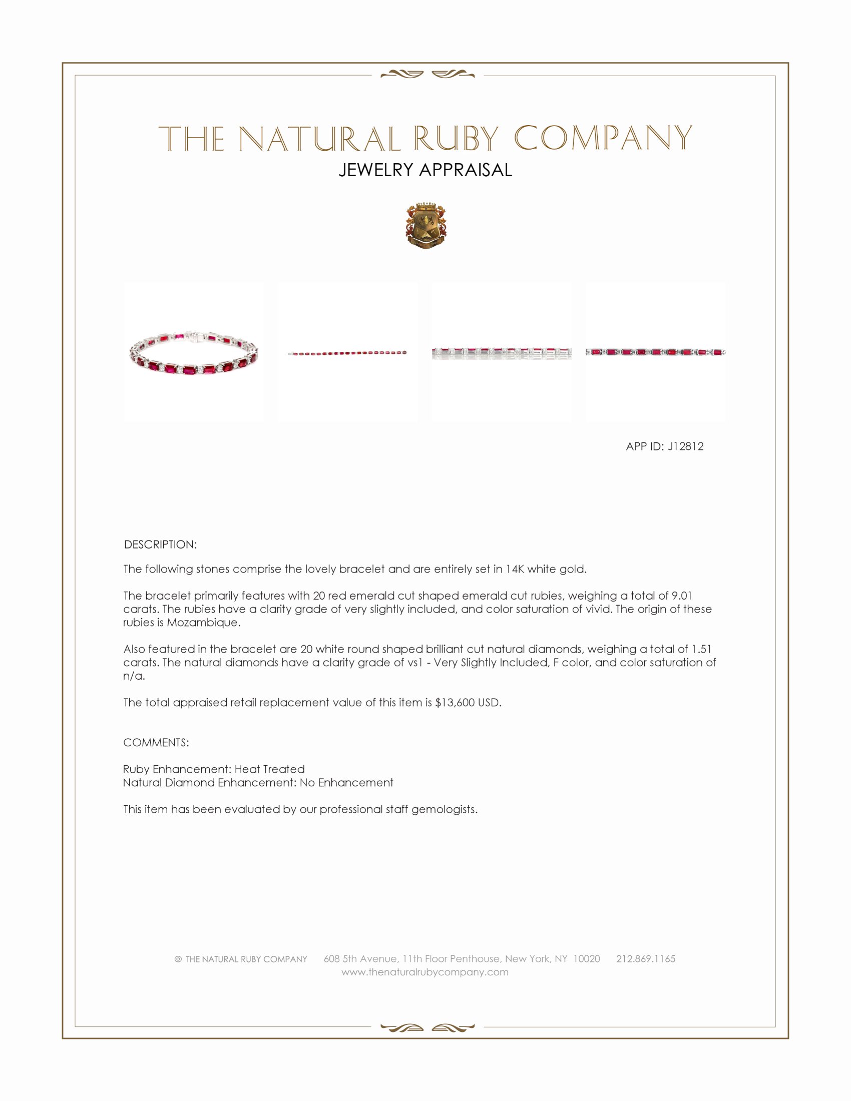9.01 Ct.Tw. Ruby and Natural Diamond Accent Stones Bracelet, 14K White Gold