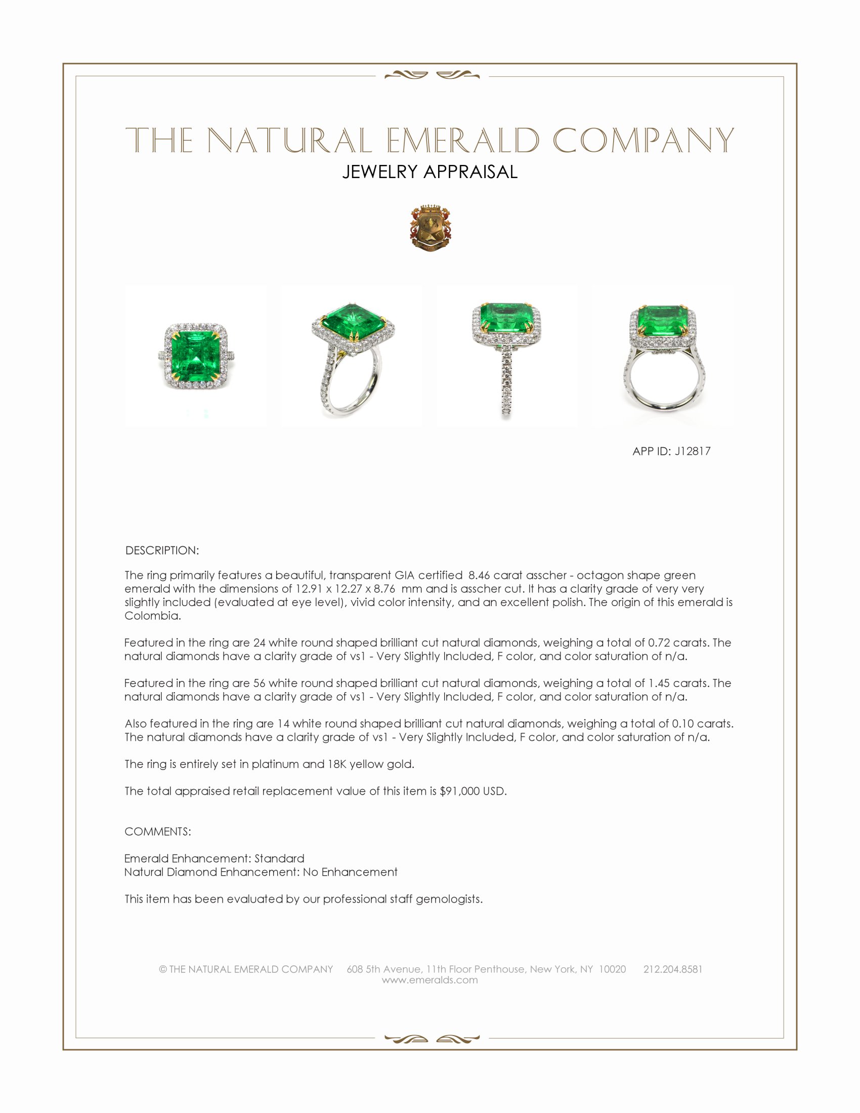 8.46 Ct. Emerald and Natural Diamond Pave Ring, Platinum & 18K Yellow
