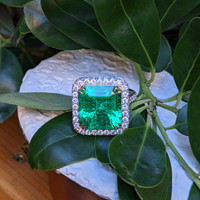 8.46 Ct. Emerald and Natural Diamond Pave Ring, Platinum & 18K Yellow Life Style