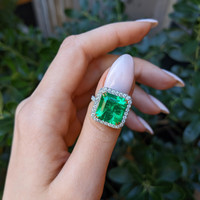 8.46 Ct. Emerald and Natural Diamond Pave Ring, Platinum & 18K Yellow Life Style
