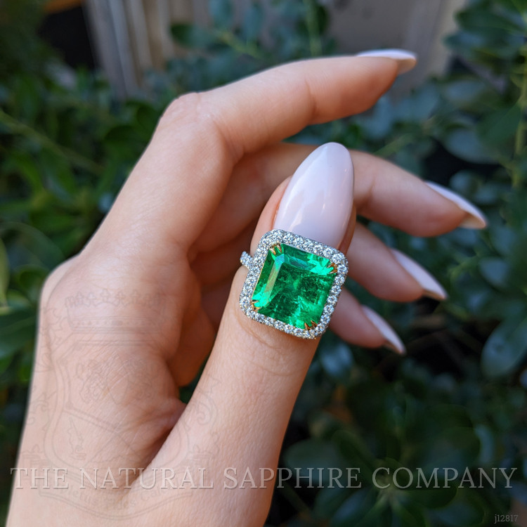 8.46 Ct. Emerald and Natural Diamond Pave Ring, Platinum & 18K Yellow