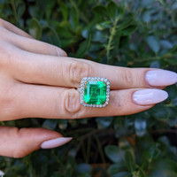 8.46 Ct. Emerald and Natural Diamond Pave Ring, Platinum & 18K Yellow Life Style