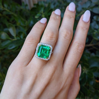 8.46 Ct. Emerald and Natural Diamond Pave Ring, Platinum & 18K Yellow Life Style
