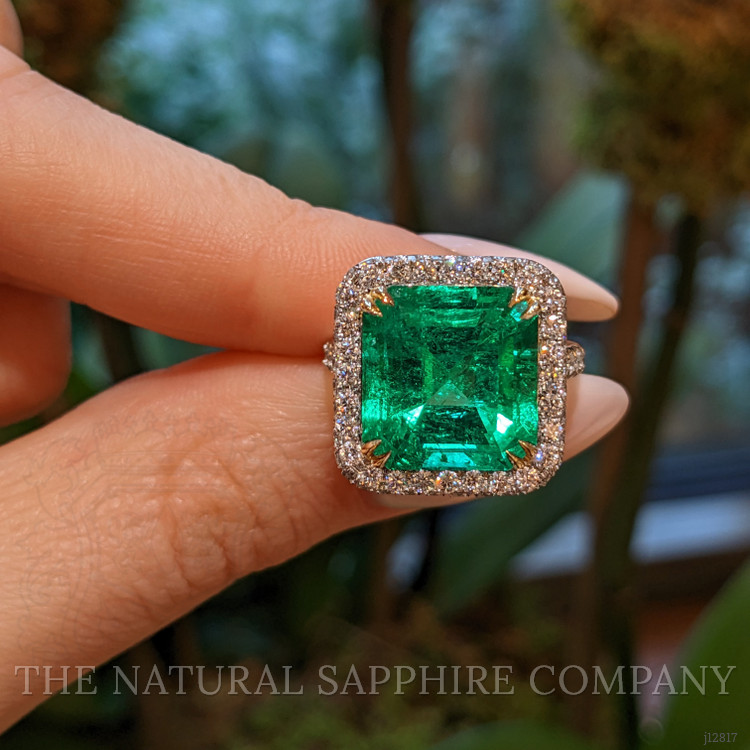 8.46 Ct. Emerald and Natural Diamond Pave Ring, Platinum & 18K Yellow