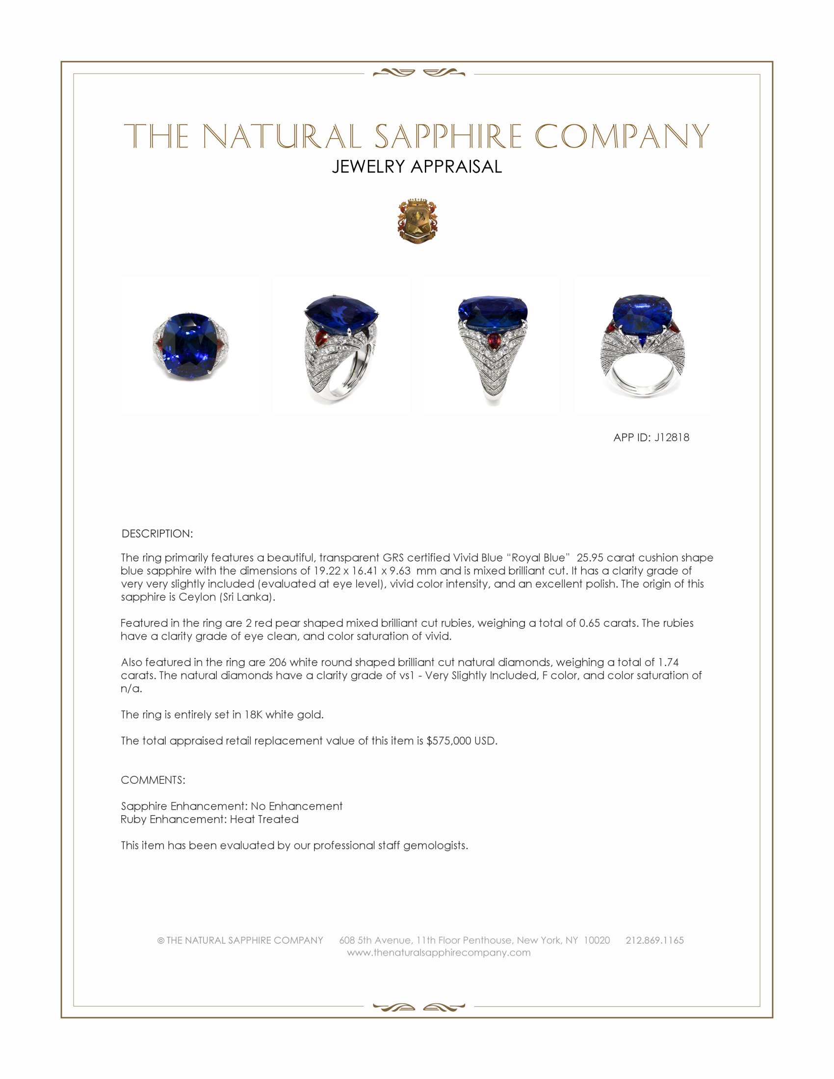 25.95 Ct. Blue Sapphire, Natural Diamond and Ruby Antique Style Ring, 18K White Gold