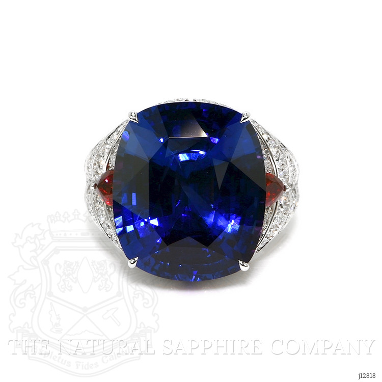 25.95 Ct. Blue Sapphire, Natural Diamond and Ruby Antique Style Ring, 18K White Gold