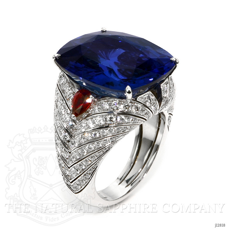 25.95 Ct. Blue Sapphire, Natural Diamond and Ruby Antique Style Ring, 18K White Gold