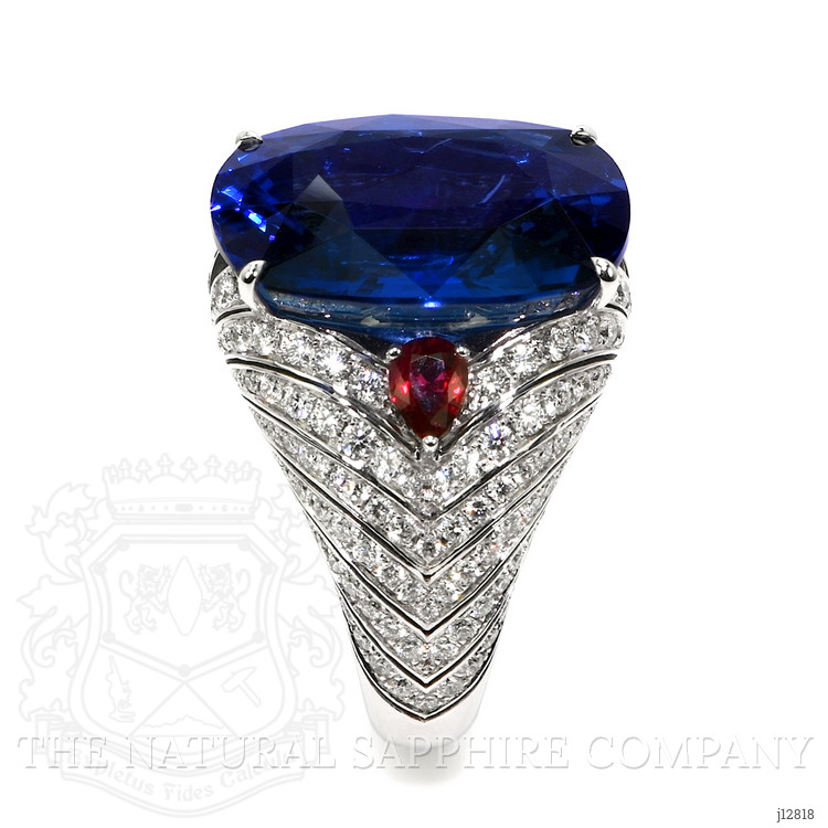 25.95 Ct. Blue Sapphire, Natural Diamond and Ruby Antique Style Ring, 18K White Gold