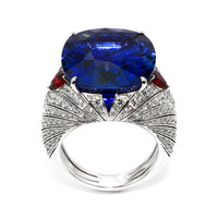 25.95 Ct. Blue Sapphire, Natural Diamond and Ruby Antique Style Ring, 18K White Gold Image