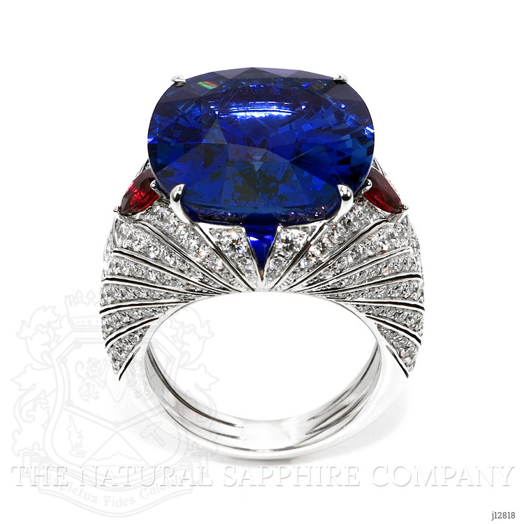 25.95 Ct. Blue Sapphire, Natural Diamond and Ruby Antique Style Ring, 18K White Gold