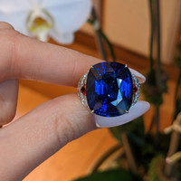 25.95 Ct. Blue Sapphire, Natural Diamond and Ruby Antique Style Ring, 18K White Gold Life Style