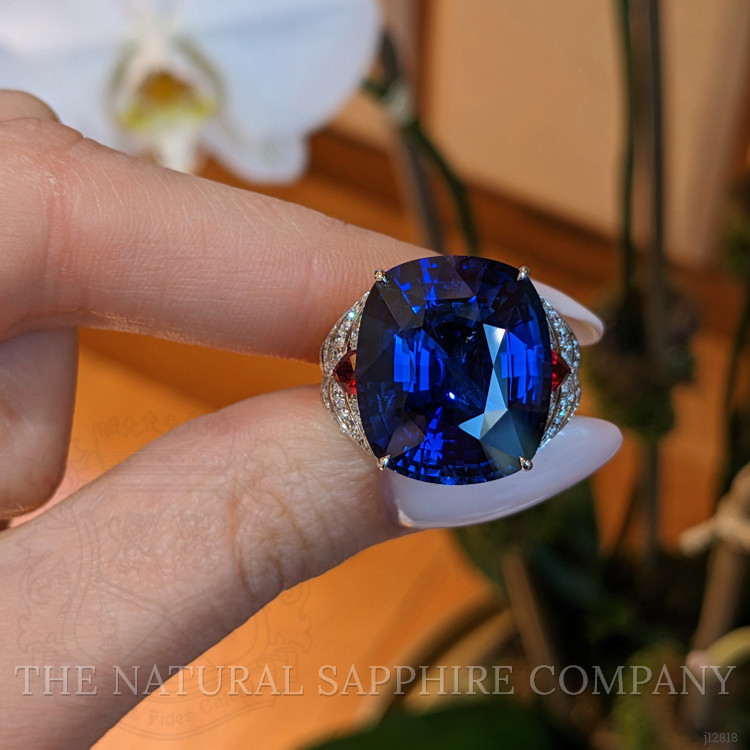 25.95 Ct. Blue Sapphire, Natural Diamond and Ruby Antique Style Ring, 18K White Gold